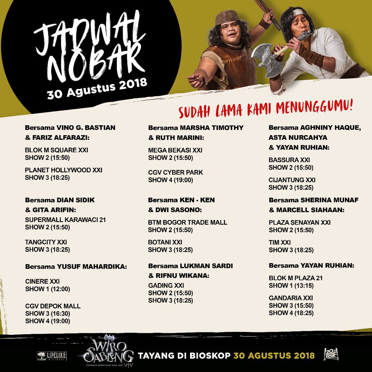 Nonton Wiro Sableng HARI INI bareng cast yuk. Pilih mau nonton siapa di mana dan ramaikan #HariSablengNasional! Beli langsung di bioskop pilihan atau lewat MTix 👊🏻

#WiroSableng #SiapSableng #HariSablengNasional #LifelikePictures #20thCenturyFox #20thCenturyFoxID