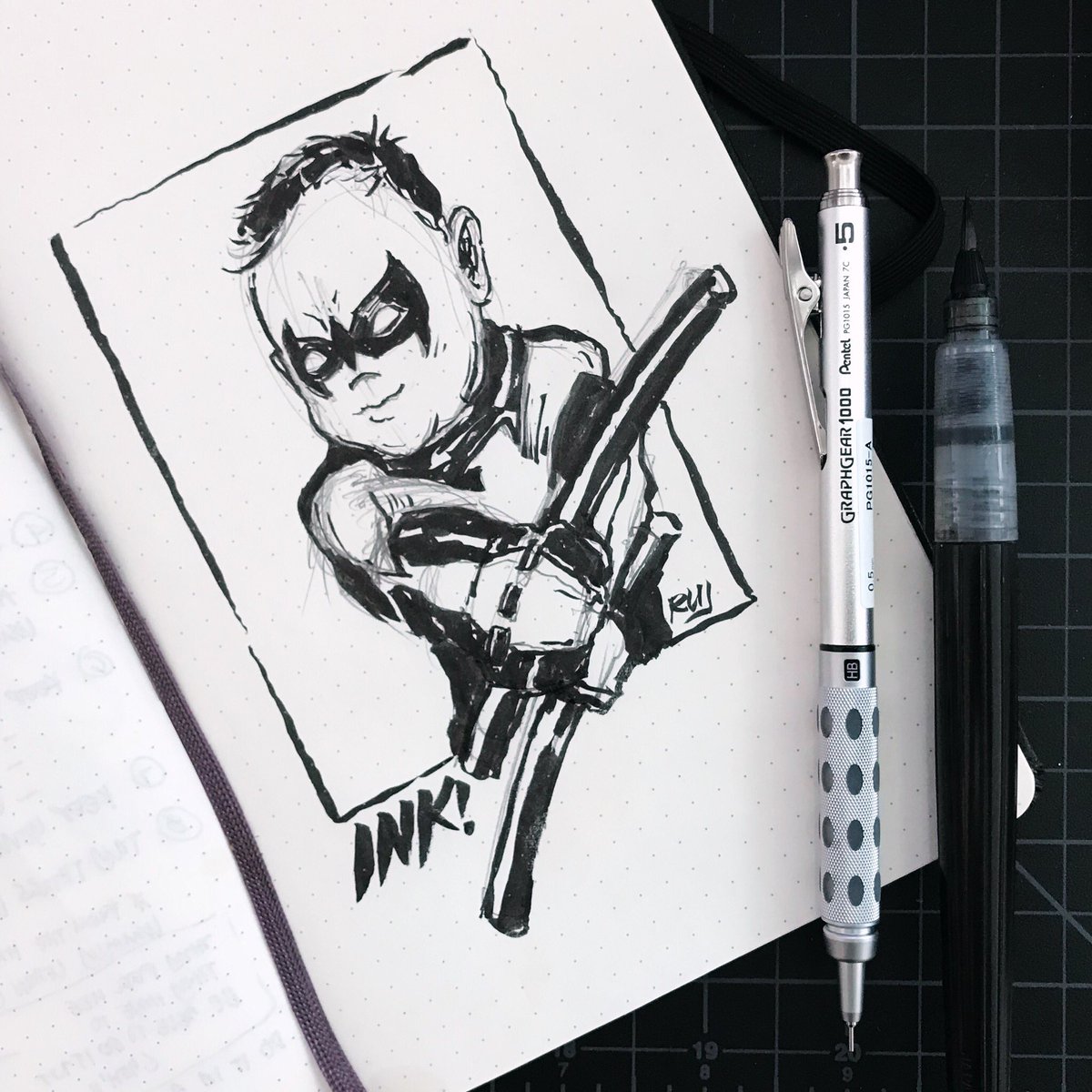ruj_panes's tweet photo. Quick ink of Baby Ink as Nightwing before work! #Ink #Moleskine #Nightwing #Brushpen #dickGrayson #babyInk #pentel #graphgear https://t.co/Z3aVAd4p6h