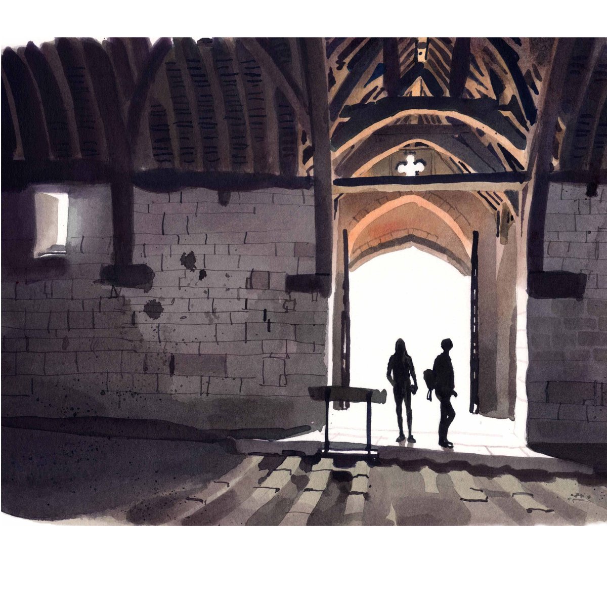 MatthewCook15's tweet image. My wife &amp;amp; daughter in the #Medieval #TitheBarn #BradfordOnAvon built in the 1330&apos;s. #sketch #InkDrawing
