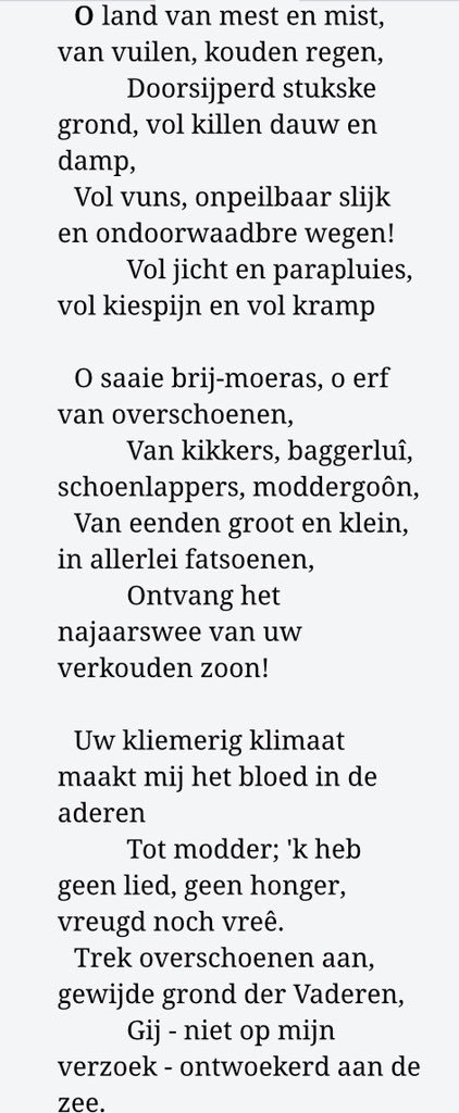 Mijn gewaardeerde collega helpt een Syriër de taal leren, en laat net weten dat hij in verband met de lelijke weersomstandigheden een dichtregel van De Genestet aanhaalde, die de jongeman ‘nu rond loopt te kraaien’.