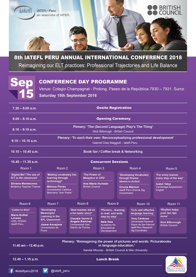 iatefl_peru's tweet photo. @iatefl_peru ➡ If you are an English teacher, register for 15th September. #8thIateflPeruAnnualConvention
Venue: Colegio Champagnat. Prol. Paseo de la República 7930, 7931 - Santiago de Surco. Lima. https://t.co/JsWdi6JurY