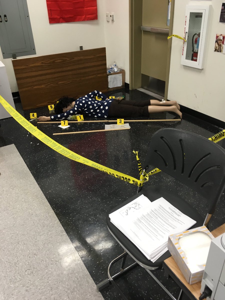 DrTuin's tweet image. Crime seen in the classroom. Students will spend a semester trying to figure out what happened. #handsonlearmimg #notreal #learningapplication