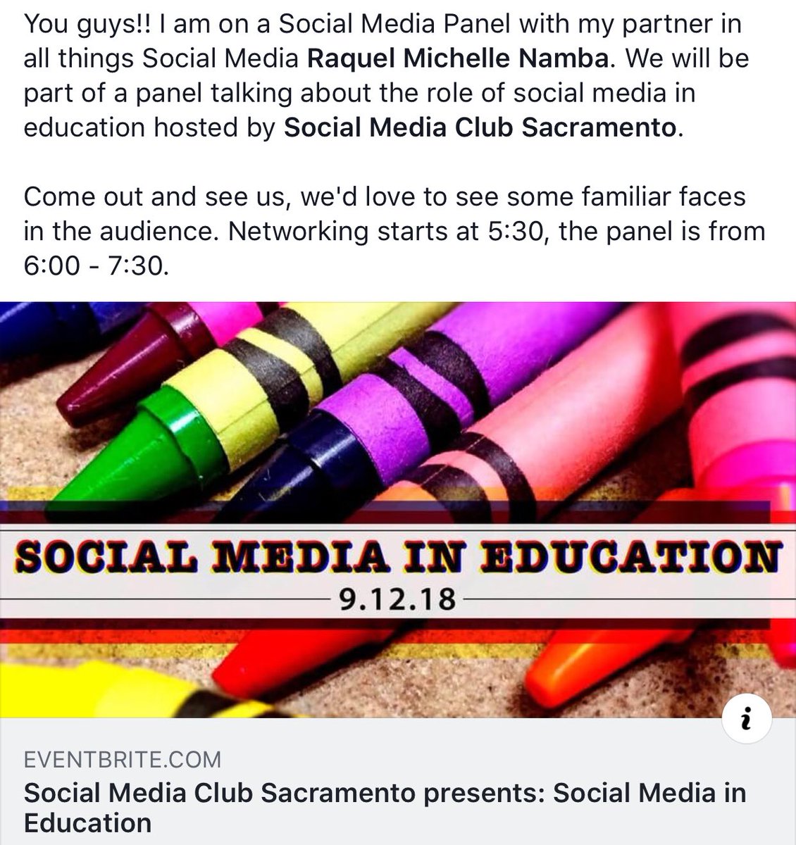 My social media partner Rocky and I will be part of a panel on social media in education on September 12th in #Sacramento hosted by the Social Media Club Sacramento (<a href="/SMCSac/">SMC Sacramento</a>) 
👩🏻‍💻👩🏼‍💻
eventbrite.com/e/social-media…