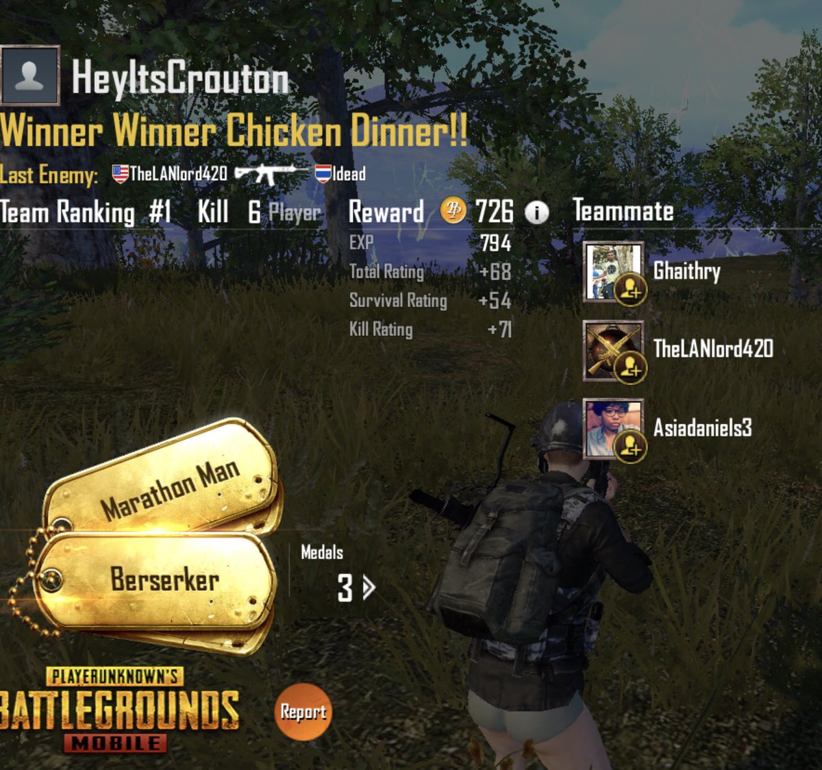 HeyItsCrouton's tweet photo. Never played PubG before... I tried @PUBGMOBILE tonight and this was my first game ๐ I may just play more #beginersluck https://t.co/Vuy2W8Ua9V