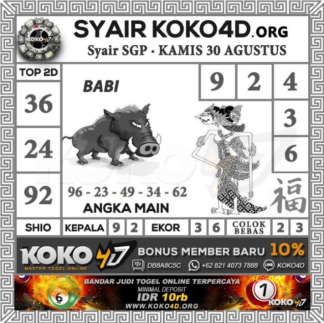 Koko4Dofficial's tweet photo. Prediksi Togel SGP dan Syair SGP hari Kamis 30 Agustus 2018
Angka Main : 9236
Colok Bebas : 9 dan 6
2D Cari Kawan : 92 93 96 23 26 29 36 32 39 63 62 69
Shio : Babi
Kecil Genap
#togelovers #togelsgp #syairsgp #syairtogel #bocorantogel #bandartogel #prediksitogel #koko4d #sgpools https://t.co/3jT3ipeZIS