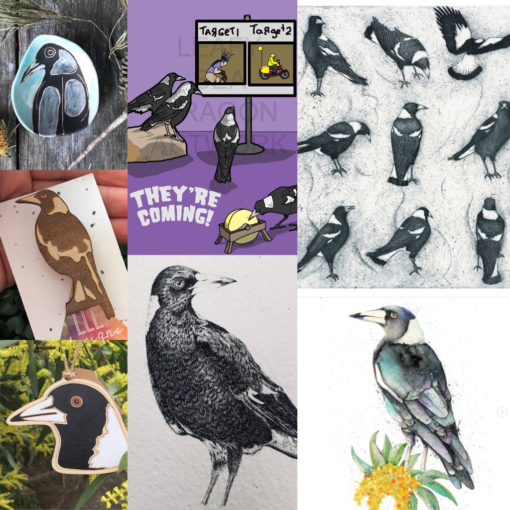 HandmadeMarket's tweet photo. Tis the season... Magpie swooping season, that is!
Quite a lot of our stallholders incorporate Magpies into their designs... Is this a trend that's been sitting right under our noses without us realising? Trend alert - Magpies. You heard it here first folks 😉😂 https://t.co/qr3ujaS2FG