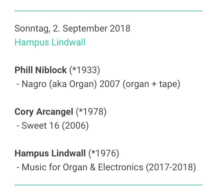 hampuslindwall's tweet image. GET READY VIENNA!! Sunday 6:20pm in Jesuitenkirche I will perform 2 great pieces; Phill Niblock’s Nagro &amp;amp; Cory Arcangel’s Sweet 16, also I will play some of my recent stuff 🔥#phillniblock #coryarcangel #pipeorgan #newmusic #slash