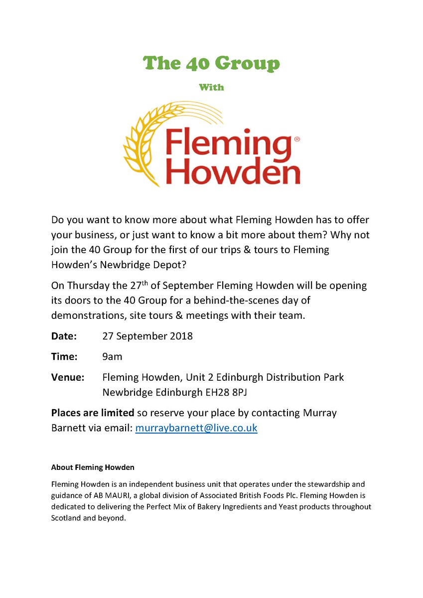 ScottishBakers's tweet photo. The first visit of the rebooted Scottish Bakers #40Group is set for the 27 September & will be hosted by Fleming Howden. Places are limited so if you would like to attend, make sure you contact Murray Barnett to book your place. More details here: https://t.co/MVTqyxrL7X https://t.co/tzPsLN7sop