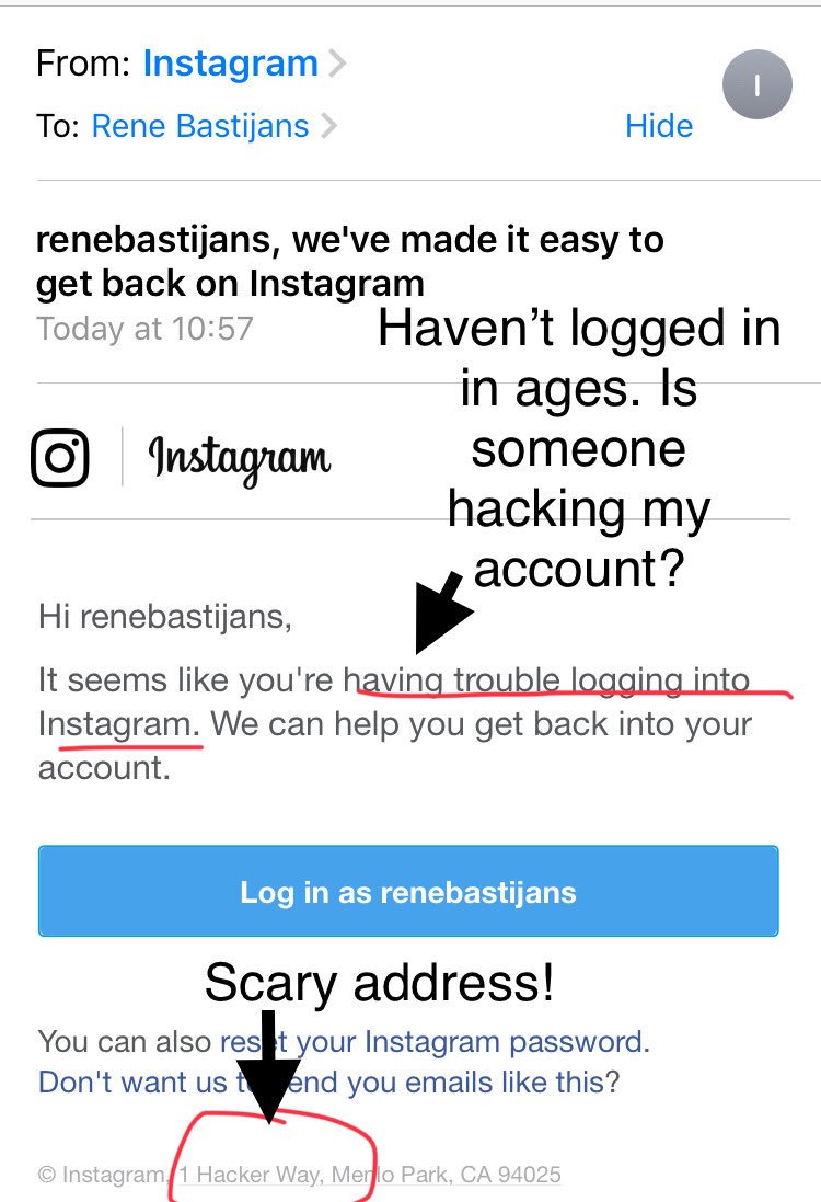 renebastijans's tweet image. Been receiving this badly written email from ⁦@instagram⁩ every week now trying to get me to use their app again. Please change the copy to a less scary version. #fail #uxcopywriting