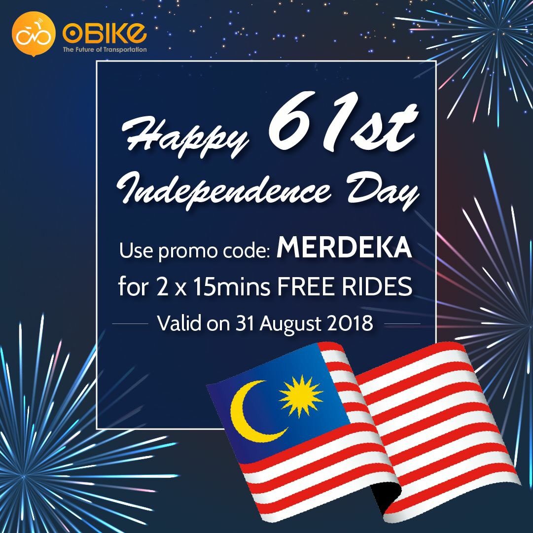 oBikeMY's tweet photo. Wishing Malaysia a Happy 61st Independence Day! 

Just key in promo code MERDEKA under ‘My Rewards’ to enjoy 2 times of 15 minutes Free Ride! https://t.co/oP93aTfkZx