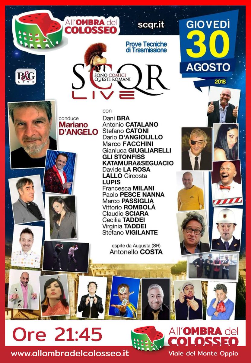 Questa sera SCQR Live in “Prove tecniche di Trasmissione” sul palco di All’ombra del Colosseo! Info e biglietti => bit.ly/CheSpettacolo
 #EstateRomana #Cabaret #AllOmbraDelColosseo #StreetFood #Aperitivo