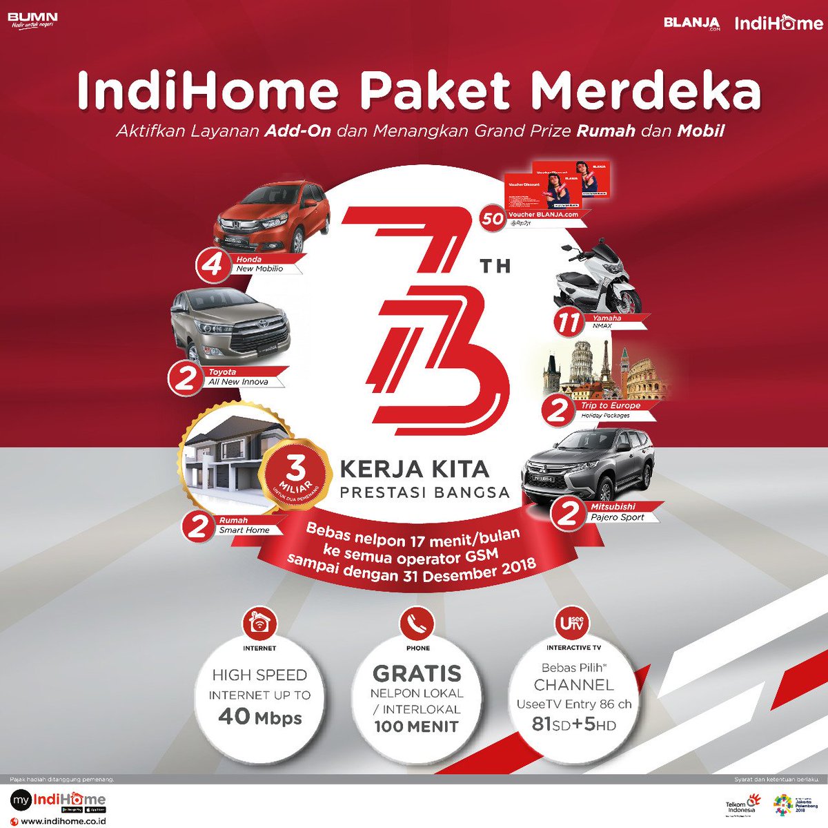 Sudah siap dapat kejutan dari IndiHome? Cukup aktifkan Add-on di myIndiHome dan otomatis kamu mendapatkan poin yang bisa ditukar dengan kupon undian #IndiHomePaketMerdeka berhadiah Motor, Mobil, Rumah, dan banyak lainnya.