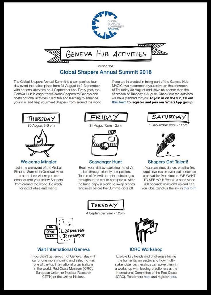 GenevaShapers's tweet photo. 1 DAY 💥 until the #ShapersSummit 🌍
Do you want to know more about the amazing events that we are organising for all the Global Shapers that are in Geneva for the ⋕ShapersSummit ?
Have a look at the infographic! #SomethingBigisComing #GenevaHubMagic https://t.co/PHeGQM73Wk