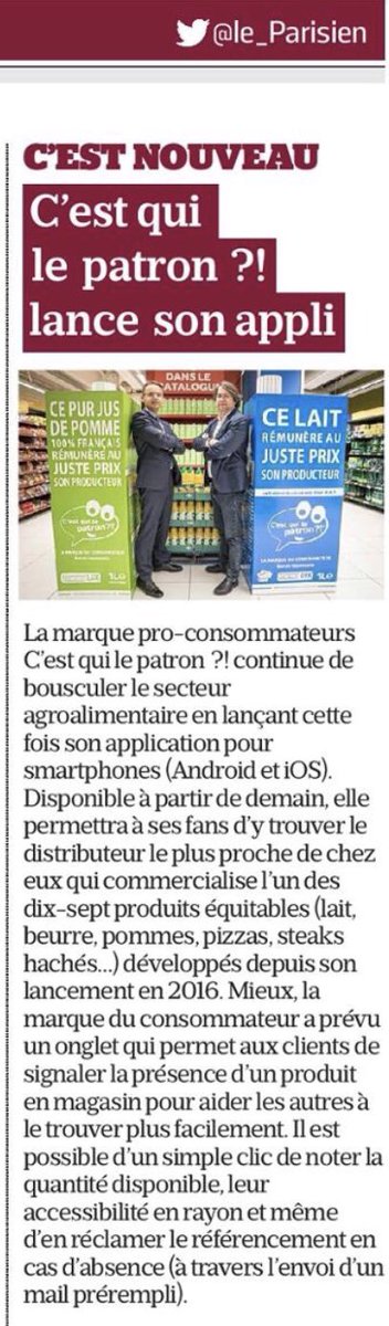 C_qui_le_Patron's tweet image. ÇA Y EST ! 😊😊😊 L’application @C_qui_le_Patron est disponible ! #SoutienAuxProducteurs #LePatronCestLeConso Merci à tous pour votre aide 🙏
ANDROÏD c’est là 👉 play.google.com/store/apps/det…
IPHONE c’est ici 👉 itunes.apple.com/fr/app/cest-qu…
Plus d’explications ici 👉 lamarqueduconsommateur.com/ca-y-est-%F0%9…