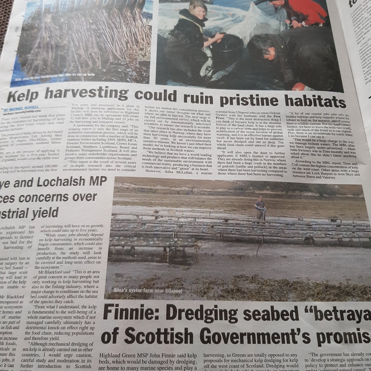 Today's West Highland Press with an article about the proposed kelp dredging. Marine Biopolymers claim they've successfully harvested kelp in Norway for 50 years but I doubt they've used the mechanical methods proposed by them for the last 50 years. #stopkelpdredging #scotland