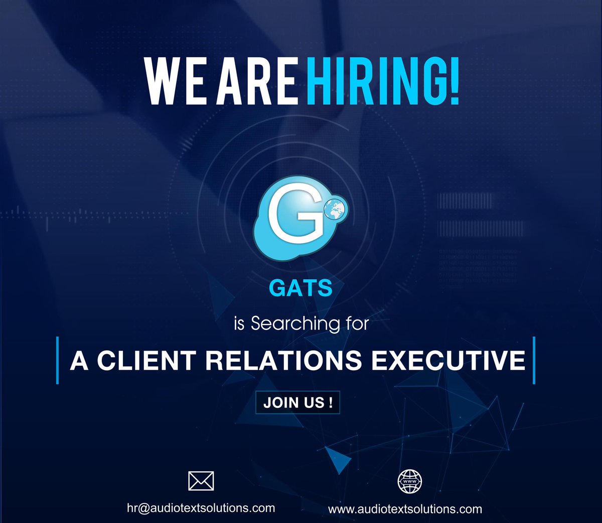 gats_audiotext's tweet image. Come in! We are #hiring for the #position of Executive- #Client_Relations with 0-1 year of minimum experience and a qualification in either B.Tech/BBA/BBS/MBA. If you are ready to take on the opportunity then just drop your resume at   zain.nishat@audiotextsolutions.com