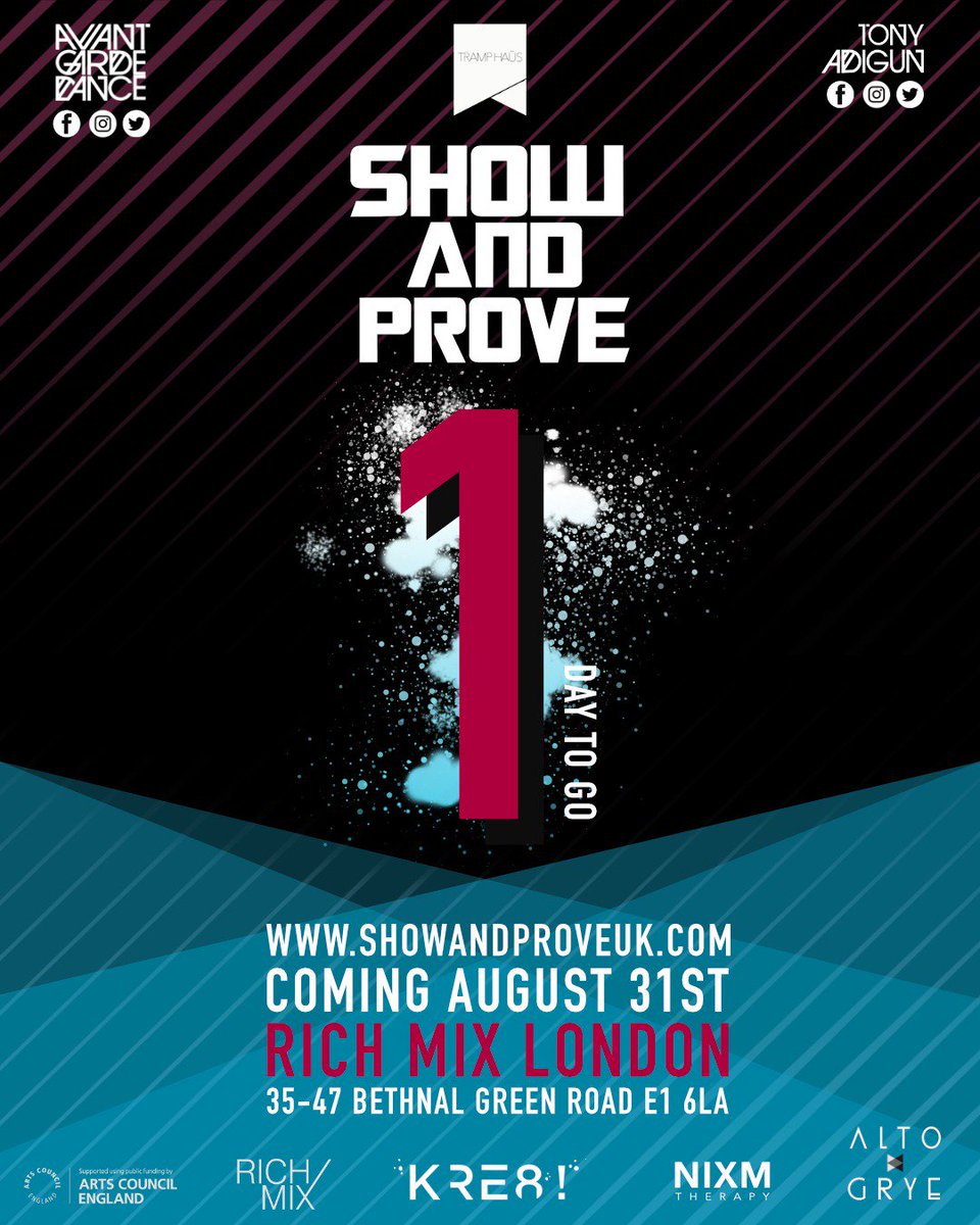 1 day to go! Last chance to get that training in before you SHOW AND PROVE ;) REGISTRATION 4:30, DOORS OPEN 5:30, BATTLE STARTS 6:30. See y'all there! #ukdancebattle #showandprovethebattles2018 #hiphop #poppin # experimental #krump #shoreditch #getdown ow.ly/TFoK30lC3OT