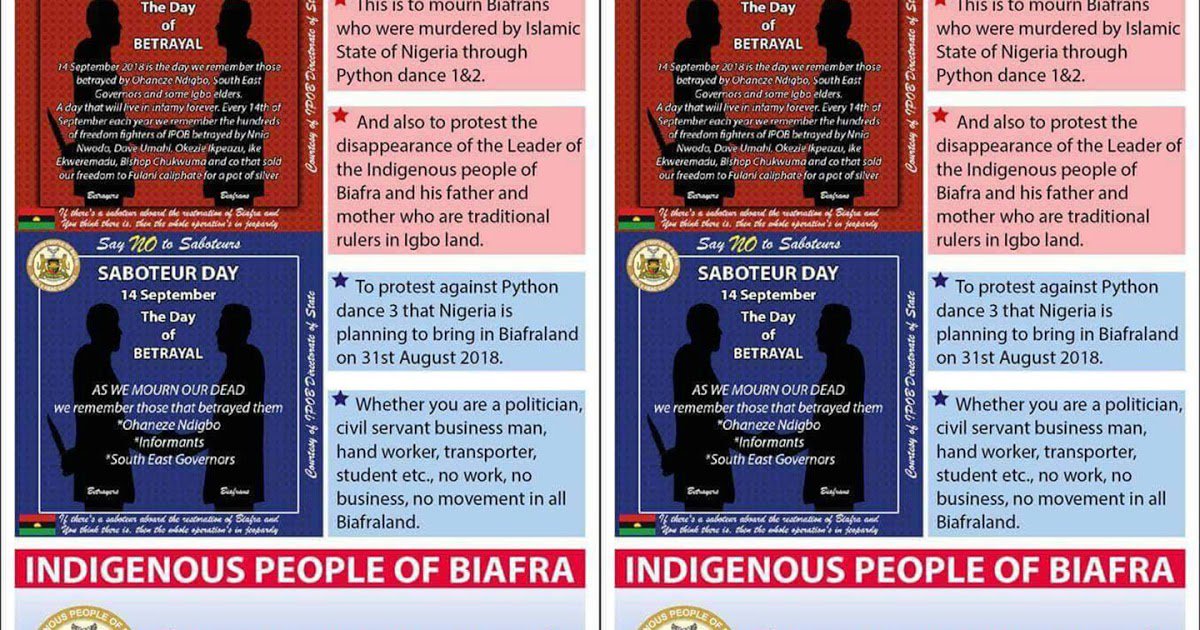 BiafraTelegraph's tweet photo. REMEMBER TO SIT-AT-HOME ON THE 14TH OF SEPTEMBER 2018, TELL YOUR FRIENDS AND FAMILY -STRIKE DAY https://t.co/YsFzlXYqMv https://t.co/RVuWnvxzI6