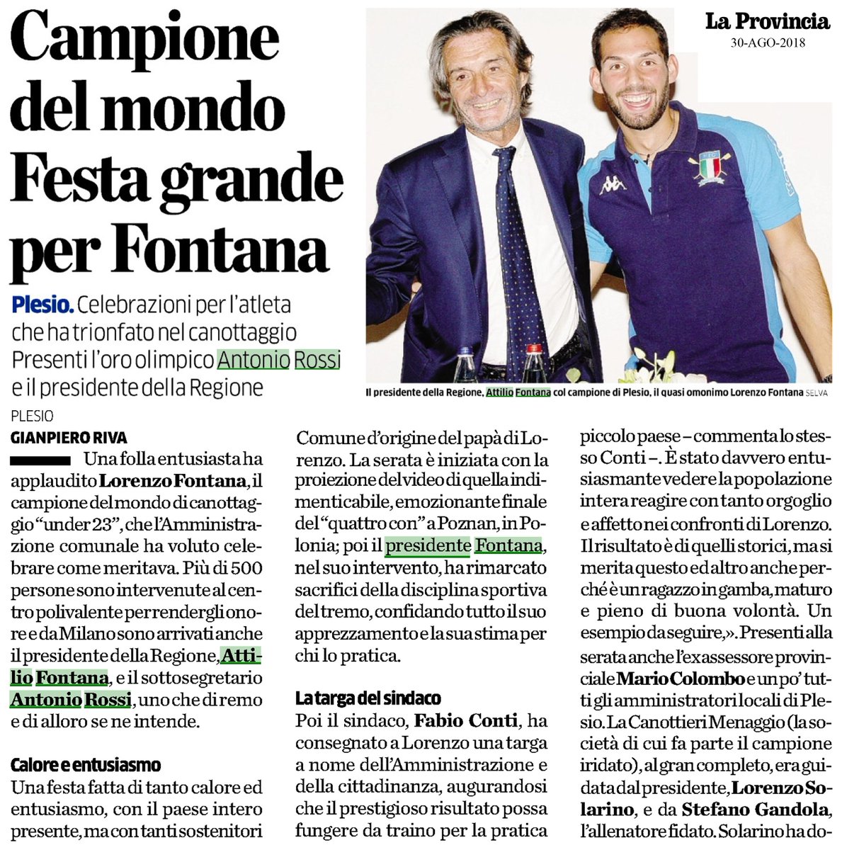 FontanaPres's tweet image. Ho avuto il piacere di celebrare Lorenzo #Fontana, campione del mondo di #canottaggio under23, accolto a #Plesio da una folla entusiasta. Ho sottolineato i #sacrifici di questa disciplina sportiva confidando apprezzamento e stima per chi la pratica.

#Lombardia #LombardiaAlLavoro