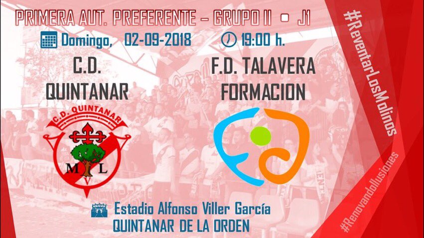 ElTiKiTaKaCLM's tweet photo. 🏆 1ª Jornada, 1ª Autonómica Preferente - Grupo II.
📆 Domingo 2 de Septiembre.
🕖 19:00 Horas. 
🏟 Estadio Alfonso Villar García.
⚽️ @CDQuintanar1 🆚 @FD_Talavera. https://t.co/MprqV0bVld