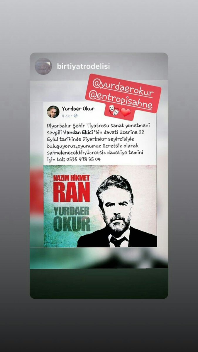 "RAN" 
22 Eylül Diyarbakır Şehir Tiyatrosu... 
Ücretsiz davetiye temini için; 
0535 978 35 04 
<a href="/yurdaerokur/">yurdaer okur</a> 
<a href="/entropisahne/">Entropi Sahne</a>