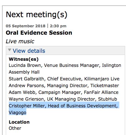 markhmcgivern's tweet image. Viagogo didn't turn up at last Parliament evidence hearing - will big cheese Cris Miller have the bottle or decency to fly in from the States? Also billing @StubHubUK, @TicketmasterUK.. Pus Stuart Galbraith, of @KilimanjaroLive, @adjwebb of @FanFairAlliance, Lucinda Brown..