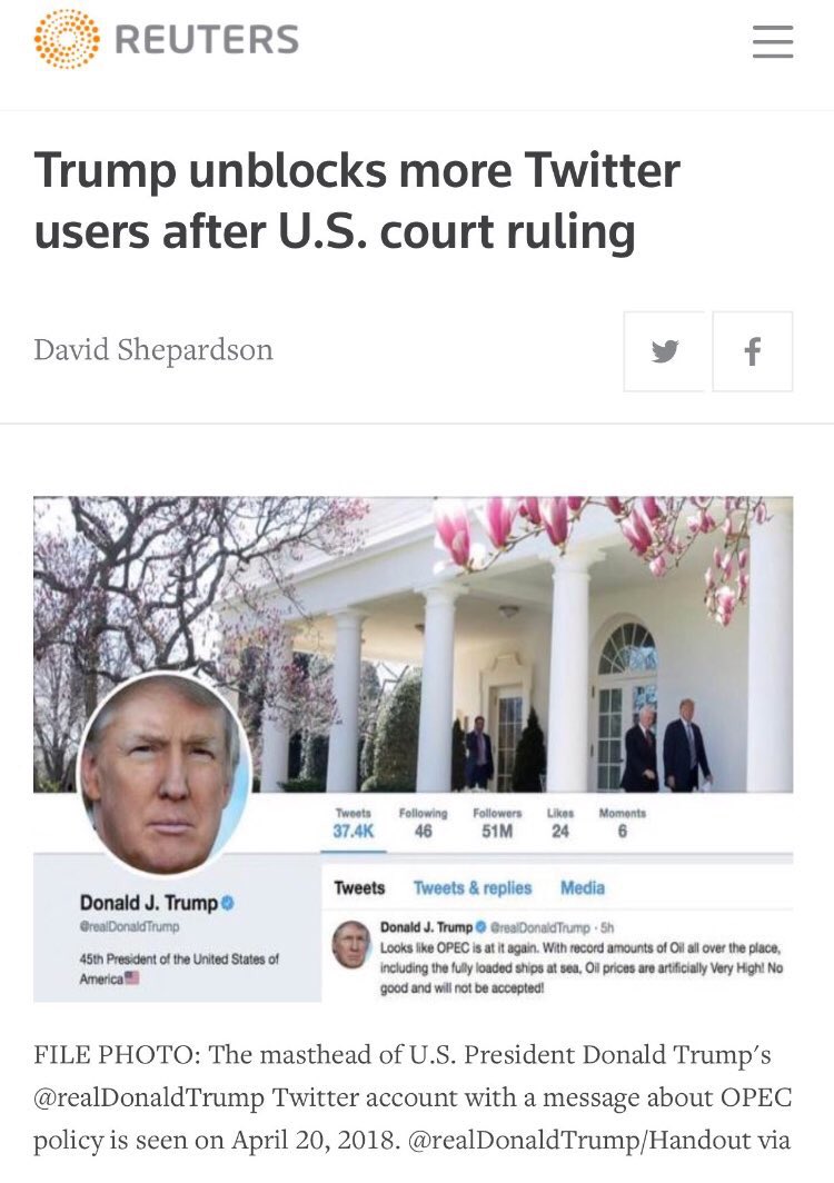 رويترز / القضاء يفرض على "ترامب" إلغاء عملية "بلوك" لعدد ٤١ متابع له في #تويتر بعد أن قاضوه أمام المحاكم المحلية .

#تلغراف_نيوز
#الكويت
