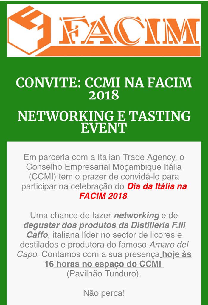 ConselhoMzIt's tweet photo. Invito da non perdere oggi a Maputo! Networking e tasting event organizzato da #CCMI con @ITAtradeagency ore 16.00 alla #Facim2018 ! https://t.co/Q9SPAVeeYj