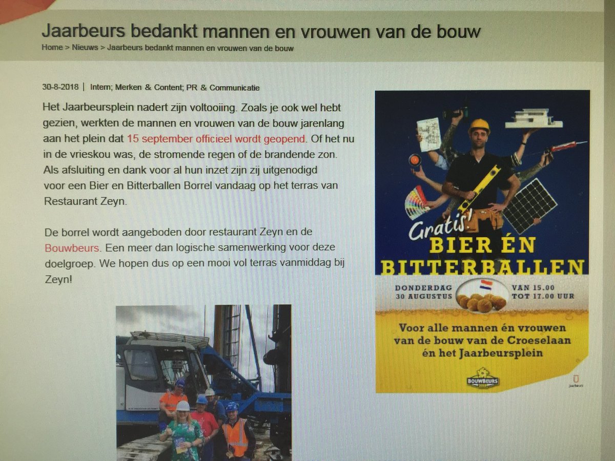 FrankVanHal's tweet photo. Superinitiatief van @BouwBeurs19 en @restaurantzeyn. Bier en Bitterballen voor alle mannen die de afgelopen jaren keihard hebben gewerkt aan de  renovatie van het plein bij @jaarbeurs voor de deur. 15 september is de officiële opening. https://t.co/a2w4vc2Q8M