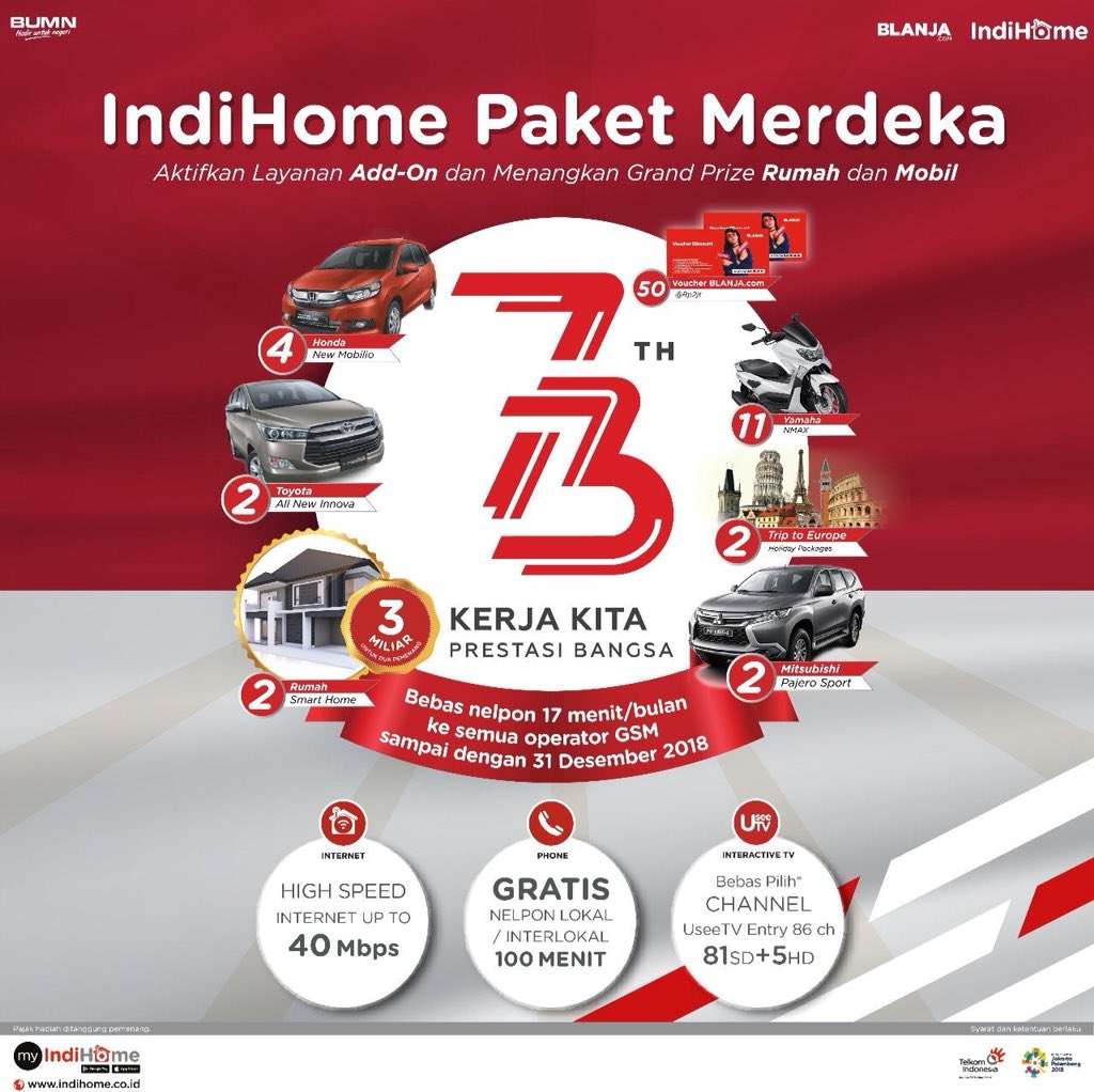 Mau nikah tapi belum punya rumah? IndiHome menggelar undian #IndiHomePaketMerdeka dengan hadiah Rumah hingga Mobil, lho! Tunggu apa lagi, cukup aktifkan Add-on di myIndiHome dan dapatkan poin yang bisa ditukar kupon undiannya. #IndihomePaketMerdeka