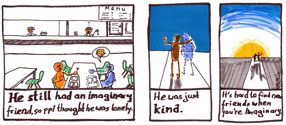 Visualization in 3 panels: 1. A guy in a cafeteria having fun with his imaginary friend. 2. Same guy walks with his arm around the shoulders along a way. 3. Panel. The have fun still walking in the sunset.