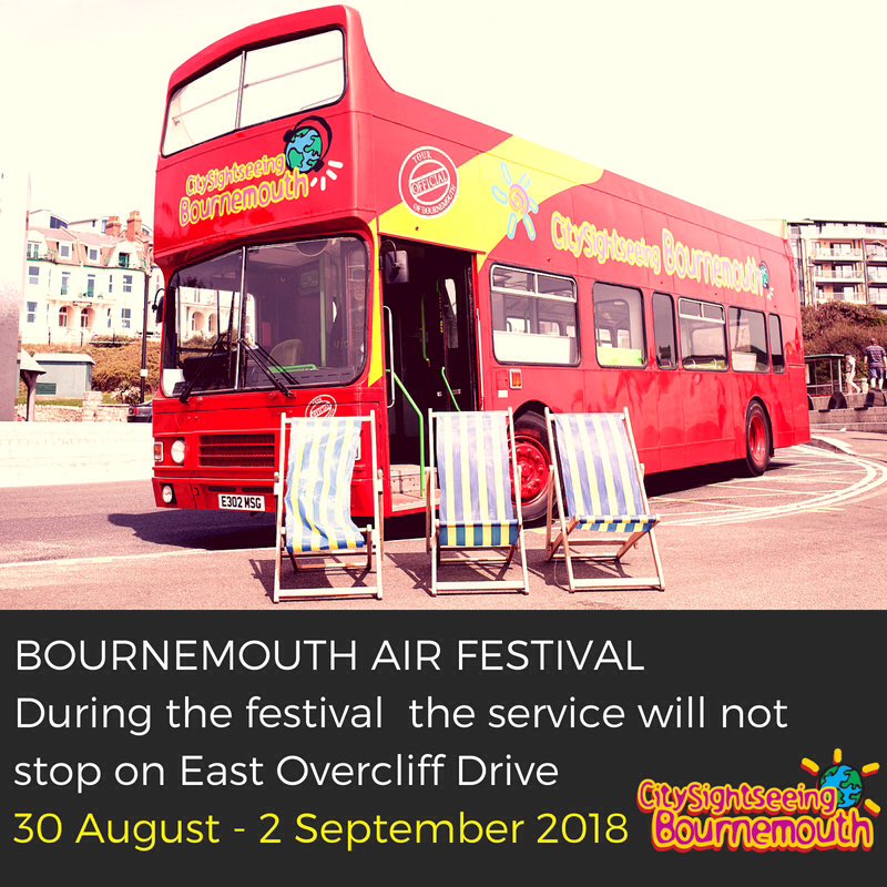 During the Bournemouth Air Festival the service will not stop on East Overcliff Drive. 30 August-2September. Thanks #air #festival #bournemouth #redarrows #citysightseeing #bus