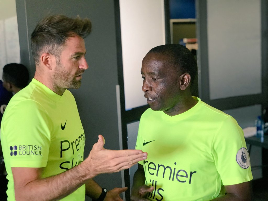 Premier Skills Coach Gilbert and @Ricky_D1984 from Hull City A.F.C (<a href="/tigerstrust/">Tigers Trust</a>) discussing coach education points prior to the delivery of practical activities on day 5 of #PSSouthAfrica Phase 2. <a href="/PLCommunities/">Premier League Communities</a> <a href="/PremierSkills/">Premier Skills</a>
