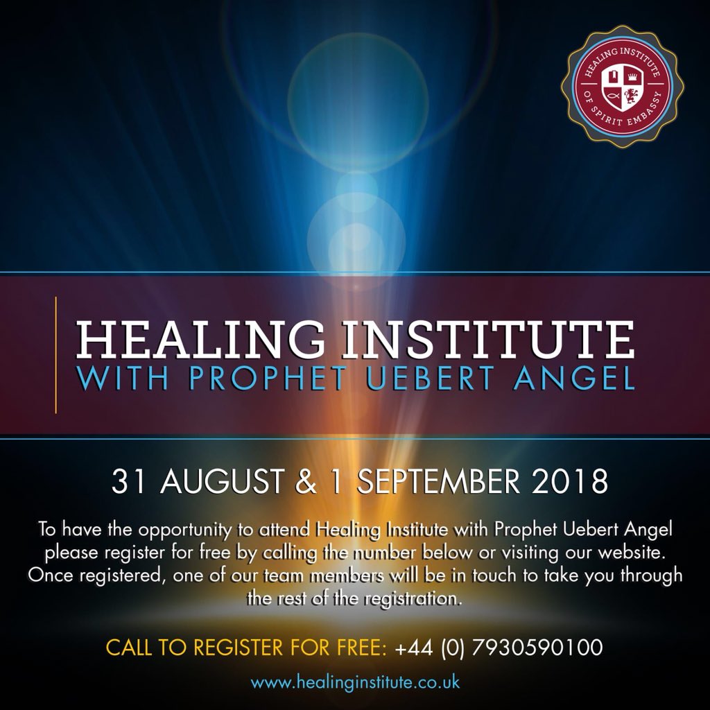 HealingInstitu's tweet photo. Eventful weekend this week at #SpiritEmbassy.  Come RECEIVE your HEALING from this Friday and Saturday at the #HealingInstitute followed by #FridayNightService &amp; #AllNightPrayer the Prophets @BeverlyUAngel &amp; @UebertAngel then on SUNDAY do not miss #GlobalGoodNewsService https://t.co/HDBaIJGxEp