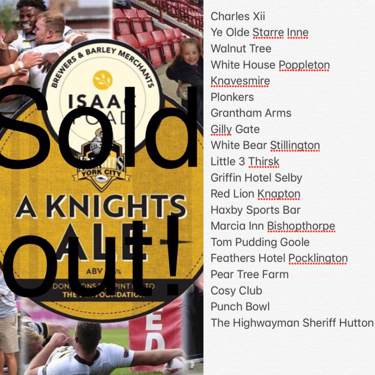 WHAT A RESULT! “A Knights Ale” in partnership with @yorkcityknights is SOLD OUT! Here are the pubs where you can find the beer! #rugby #yorkcityknights #isaacpoad #brewing #beer #york #pub
