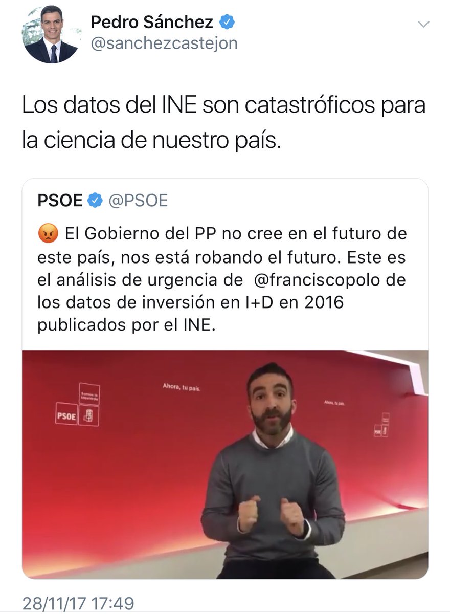 albertoclorenzo's tweet photo. El mismo @PSOE con varios meses de diferencia. 
Noviembre 2017: catastróficos datos de la ciencia en España.
Agosto 2018 : altísimo nivel de la ciencia en España con innovación competitiva. https://t.co/pbI6VZRyRY