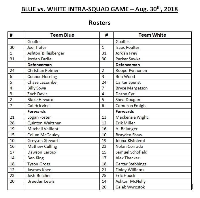 Here are the ROSTERS for today's <a href="/decorcomplete/">Decor Complete Ltd.</a> Training Camp finale, the Blue vs. White intra-squad game. Puck drops at 1:00pm at the i-Plex.