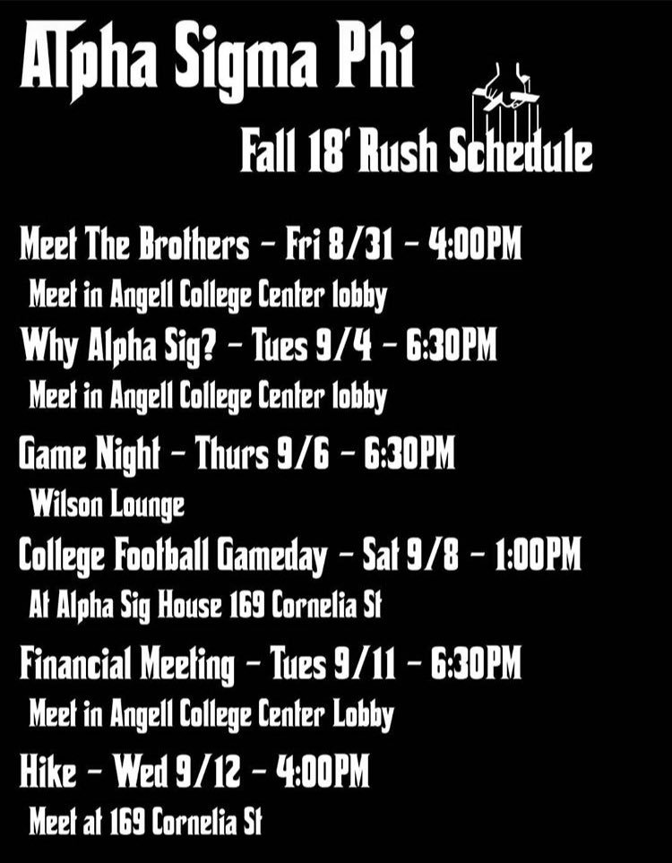 Official Fall 2018 Suny Plattsburgh Rush schedule!