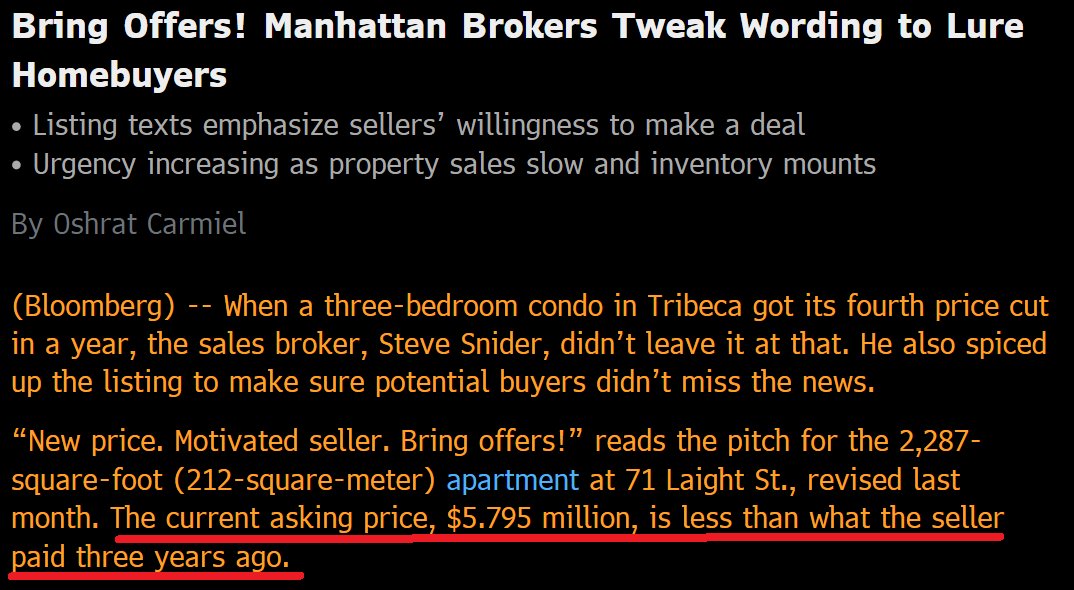 Manhattan apartment sellers taking an ax to asking prices.3BR in Tribeca listed at less than price paid by seller in 2015.h/t  @OshratCarmiel