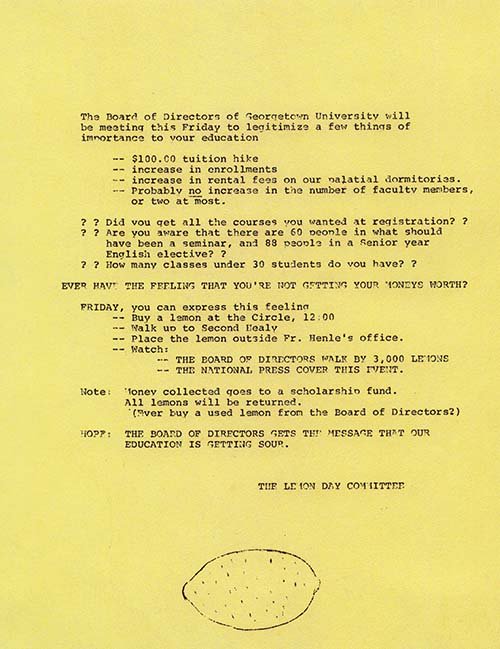 gtownlibrary's tweet photo. Have you had a chance to see the preserved lemon from the 1973 #lemonstration in the Booth Family Center for Special Collections? Learn more about this unusual artifact in our archives in our newest #blogpost! #tbt #HoyaHistory #GUArchives https://t.co/FEIQhwiEmg https://t.co/1ll1aggiYf