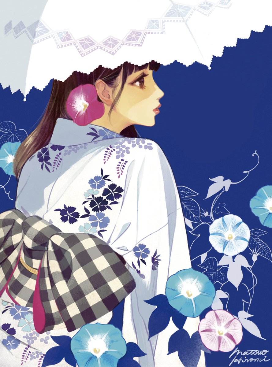 1girl flower solo japanese clothes kimono pink flower blue flower  illustration images