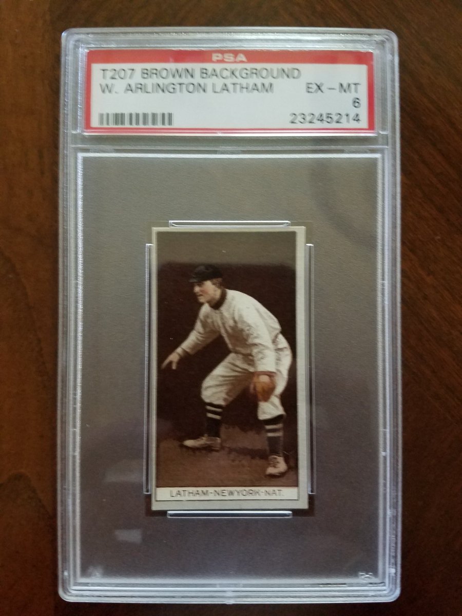 JasonMGreco's tweet photo. My first #T207 Brown Background. Arlie Latham, #PSA 6, Recruit 240 reverse. Pretty nice card and they look better in person.
@prewarcards @beansbcardblog @PSAcard https://t.co/pvOo22bnFL