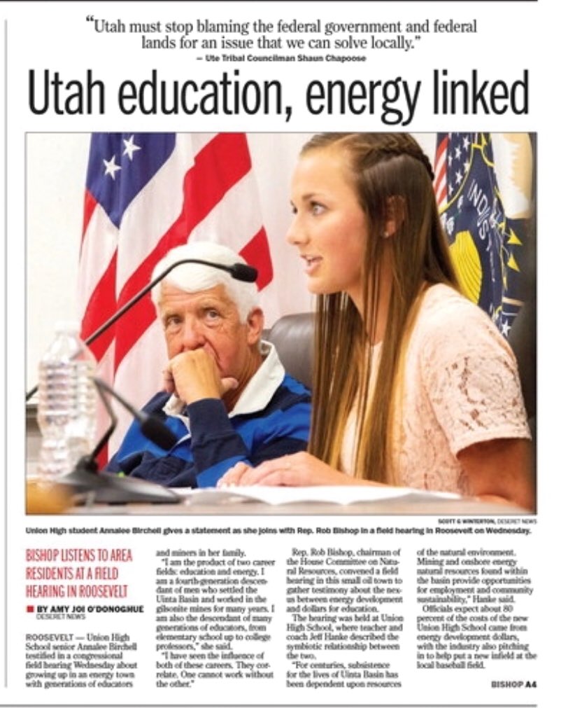 betterutah's tweet image. #FrontPageHeadline from the @DeseretNews today. 

The problem with @RepRobBishop’s hearing meant to highlight current links between the education system’s links to energy in rural areas is that they are “current” links, rather than reasons to prop up energy industry #utpol