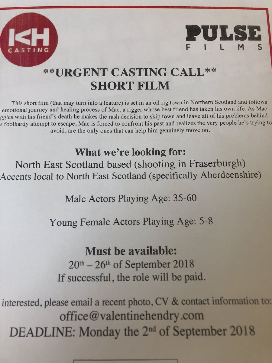 KVHendry's tweet image. Urgently looking for actors from the North East of #Scotland from all backgrounds. No previous experience necessary. Ideally genuine #Aberdeenshire accents please. See attached for info:
#castingcall #aberdeen #fraserburgh