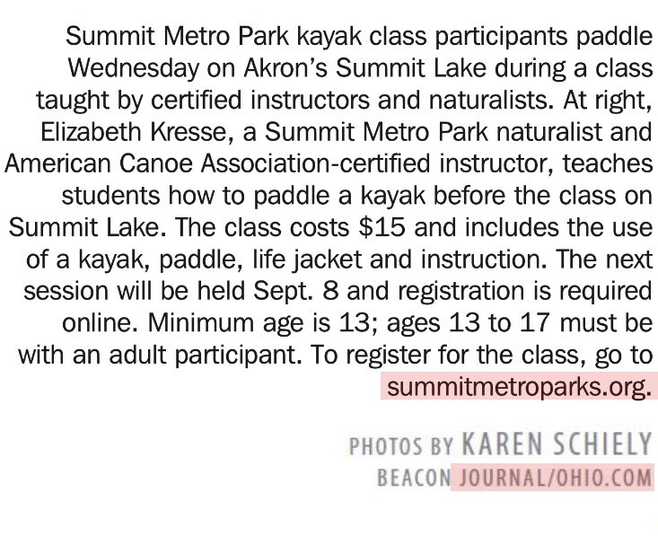 Photo of a kayak class hosted by <a href="/metro_parks/">Summit Metro Parks</a> at Summit Lake is on the cover of today’s @ohiodotcom Community section. Next session is September 8th. #kayaking #fun #publicspace #whynotAkron 

<a href="/AKCivicCommons/">Akron Civic Commons</a>  <a href="/CivicCommonsUS/">Civic Commons US</a> <a href="/TowpathTrail/">Ohio & Erie Canalway Coalition</a> #Akron #knightcities