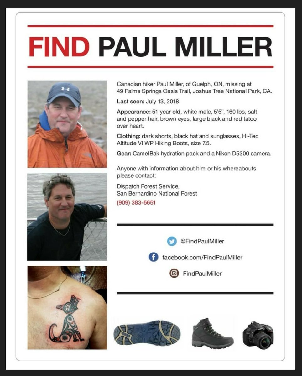 Reported #missinghiker #FindPaulMiller after only 3 hours in Joshua Tree NP.  Why after 49 days is he still #missing in #California
@FindPaulMiller @JoshuaTreeNPS @SanBernardinoPD @MissinginCalif @canammissing @LloydLongfield @CanCGLA @FBI @CBCalerts @cafreeland @MISSINGinCANADA