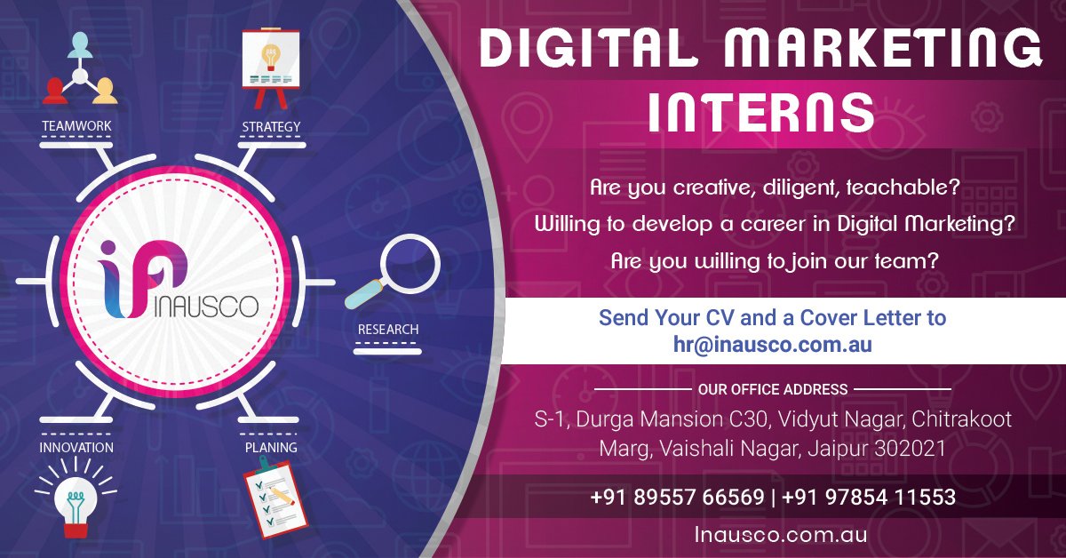 Hello Folks,
We are looking for Digital Marketing Interns. Interested peeps can share their resume.
#DigitalMarketing #DigitalMarketingTraining #FreeInternship #SEO #SMO #ContentMarketing #BestDigitalMarketingCompanyinJaipur
