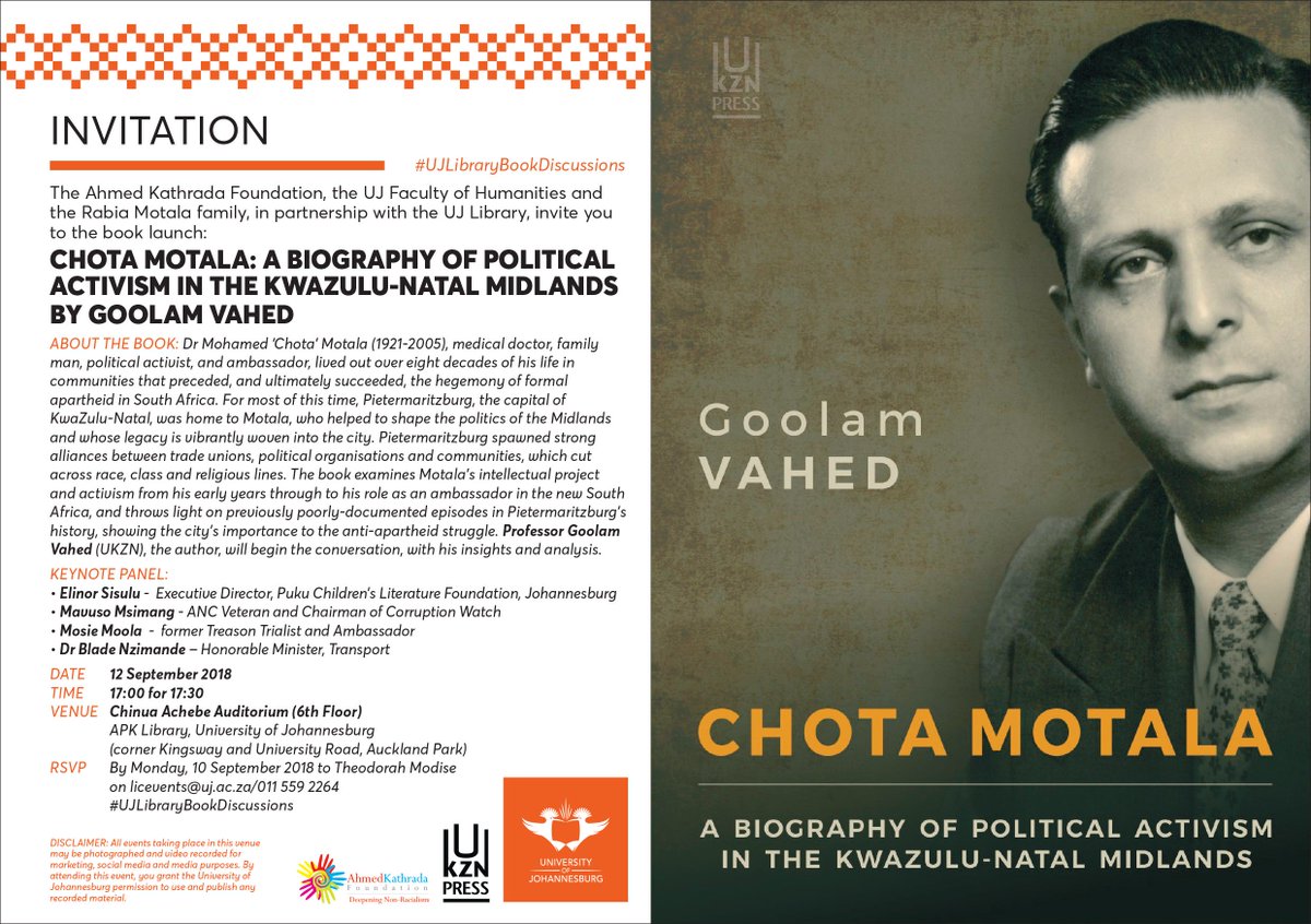go2uj's tweet photo. Join us on the book launch titled Chota Motala: A Biography of Political Activism in the KwaZulu-Natal Midlands by Goolam Vahed on the 12th of September 2018
#UJLibraryBookDiscussions
https://t.co/alPMiwle9T https://t.co/tGDk5qpqv6
