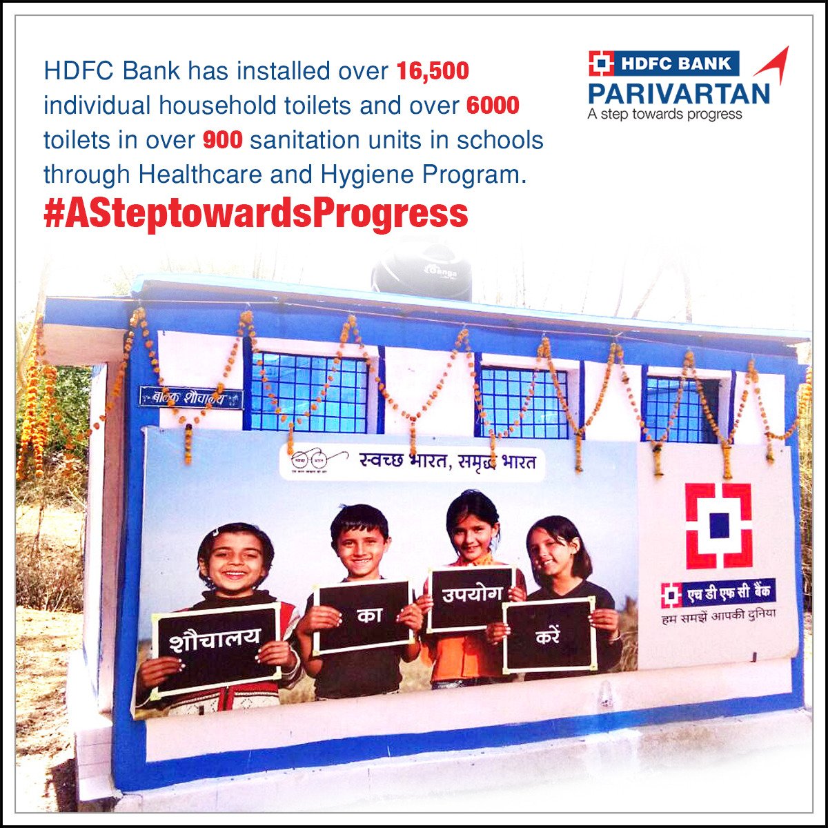 NusratHDFCBank's tweet photo. . @HDFC_Bank has been actively championing the cause of Swachh Bharat through our sanitation projects. Bank has constructed over 16,500 individual household toilets and over 6000 toilets in over 900 schools. #Parivartan #ASteptowardsProgress #SwachhBharat https://t.co/PQ7VbAfWOC