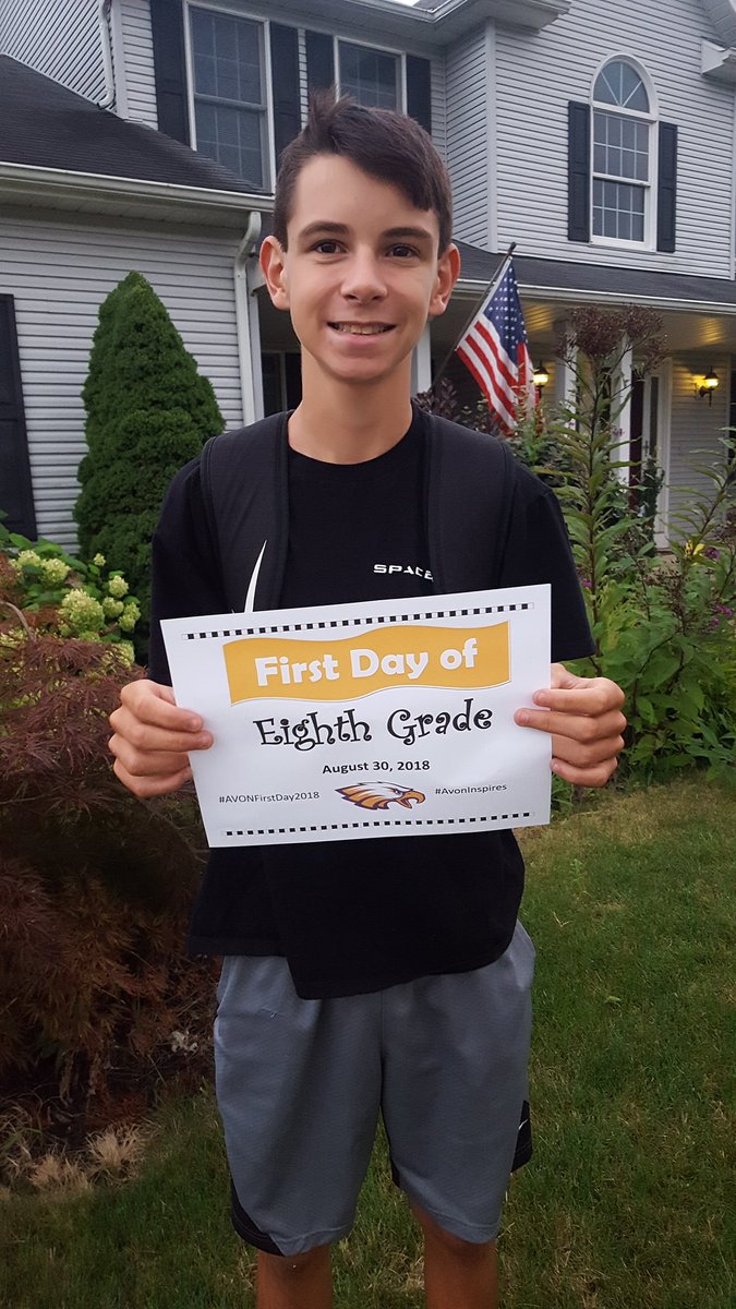 rjbrassell's tweet photo. James Brassell off to begin 8th Grade at Avon Mode School. Proudly wearing his @SpaceX Falcon 9 shirt for the occation. A great school year awaits! @Frogman27s #AVONFirstDay2018 #AvonInspires @AMSEagle @avoneagles @AvonBand @RespectTheNest https://t.co/ULMWJt5M4k